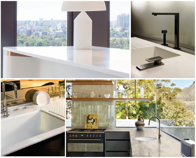 Κολάζ κουζινών με επιφάνειες Corian® σε σύγχρονες εφαρμογές