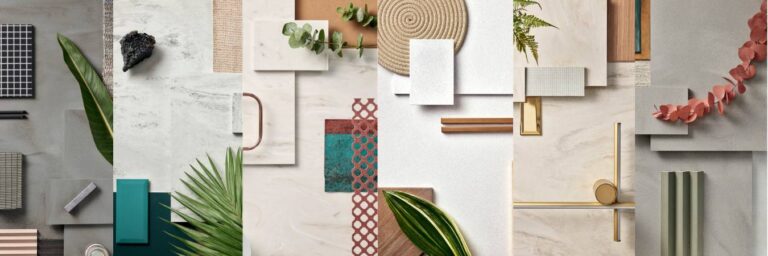 Δείγματα χρωμάτων Corian® σε διαφορετικές αποχρώσεις και υφές για εφαρμογές εσωτερικού χώρου.