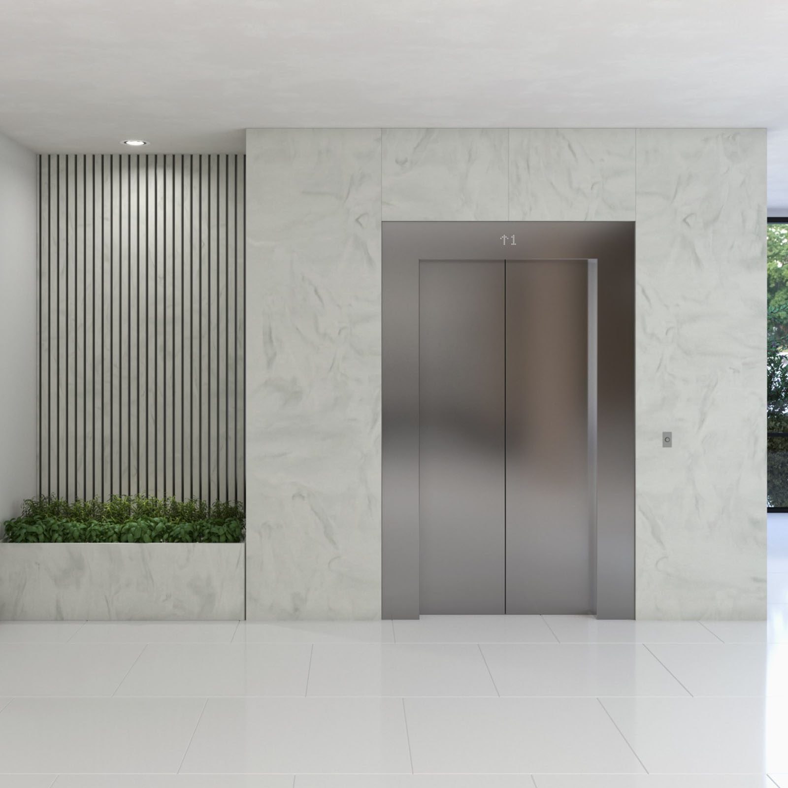 Επένδυση τοίχου και ανελκυστήρα με επιφάνειες Corian® σε επαγγελματικό χώρο