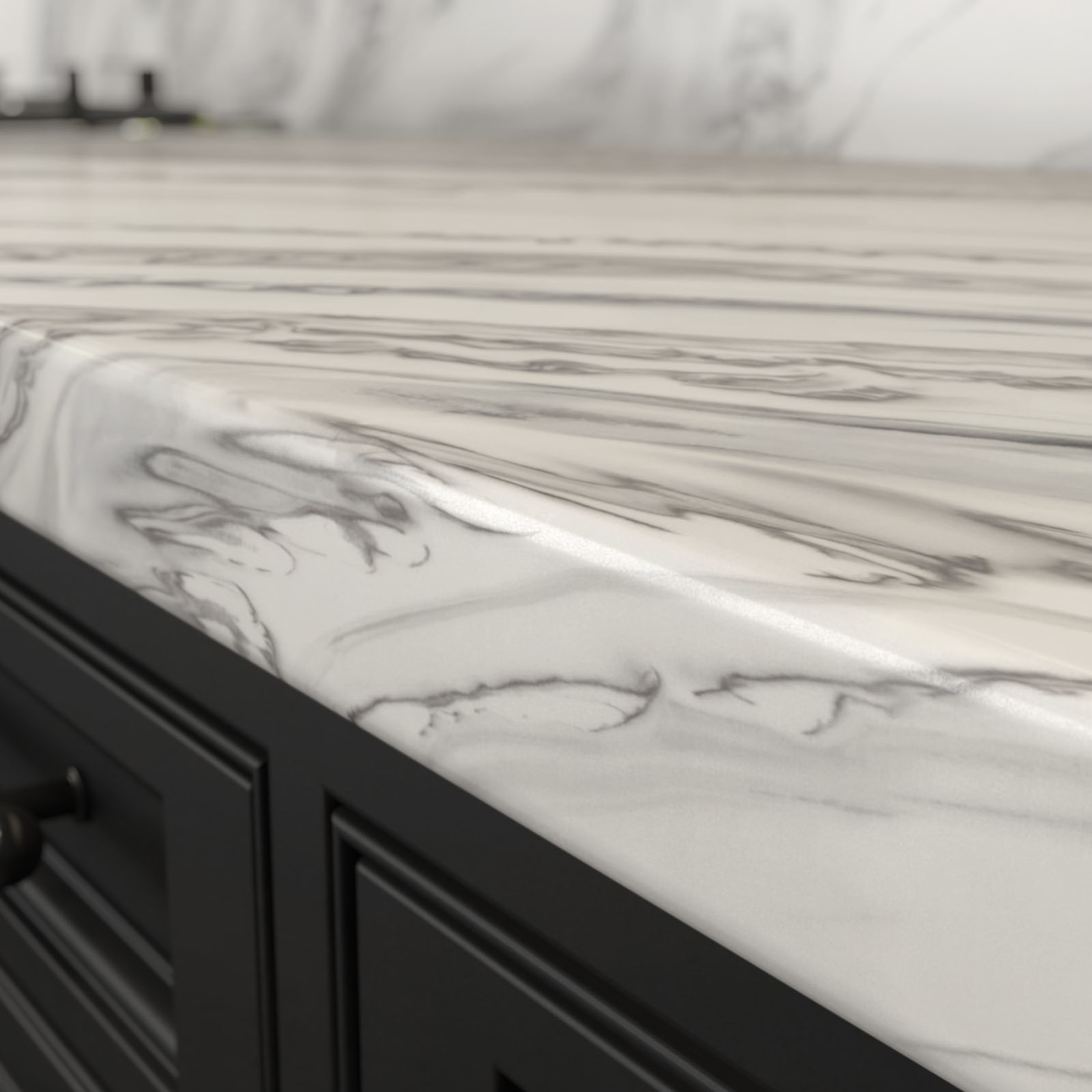 Κοντινή λήψη πάγκου κουζίνας από Corian® Stonecrest Smoke, με φυσική μαρμάρινη όψη και λεία επιφάνεια, ιδανική για σύγχρονες κουζίνες υψηλής αισθητικής και αντοχής.