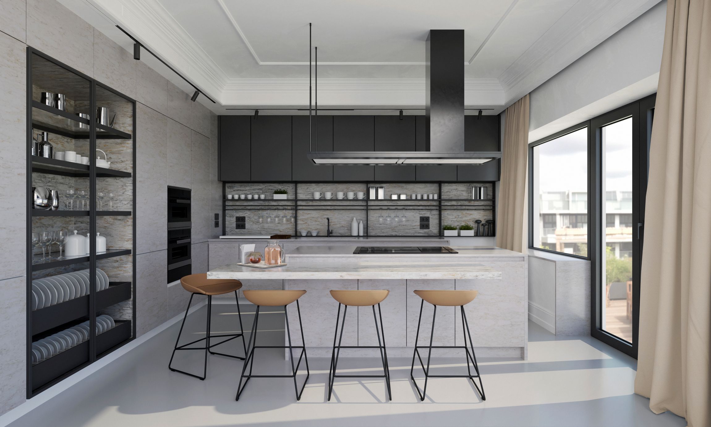 Χαλαζιακές επιφάνειες SM Quartz White Feather και Sand Dunes σε σύγχρονη κουζίνα με island