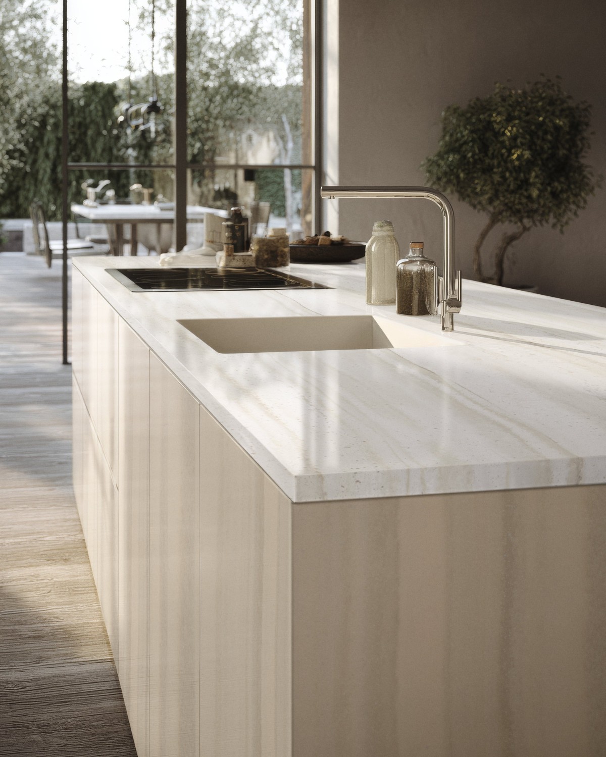 Σύγχρονη κουζίνα με πάγκο, νεροχύτη και νησίδα από Corian® Travertine Firenze σε θερμούς φυσικούς τόνους