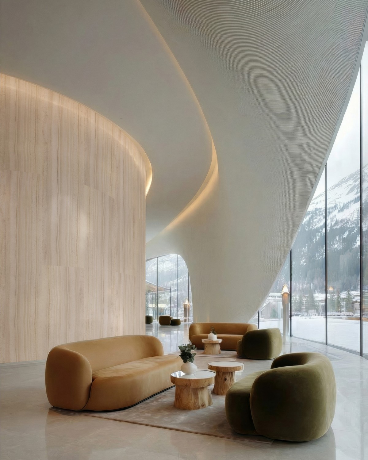 Εσωτερικός χώρος υψηλής αισθητικής με καμπύλη επένδυση τοίχου από Corian® Travertine Roma σε θερμούς φυσικούς τόνους