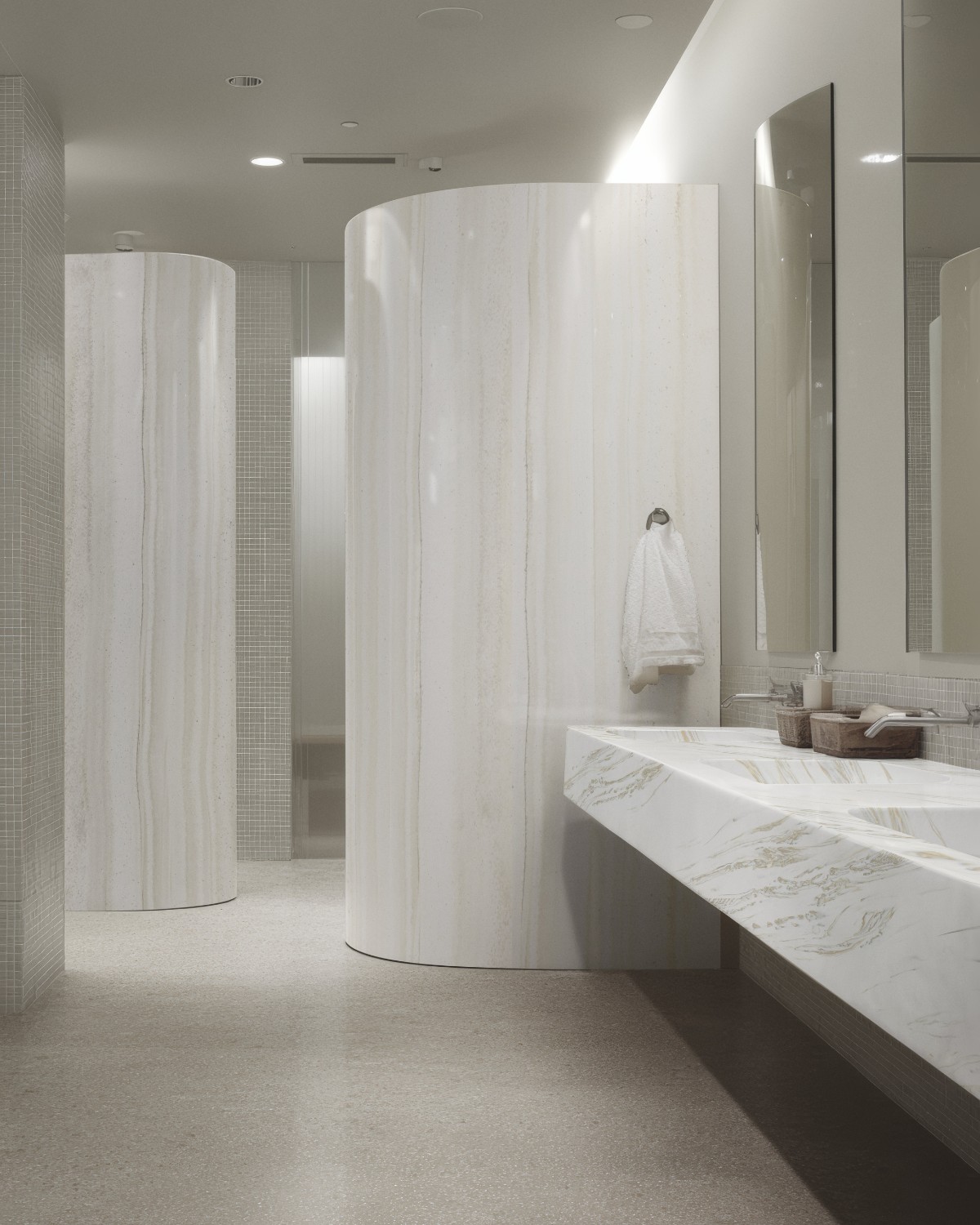 Σύγχρονο μπάνιο με κυλινδρικές επενδύσεις και πάγκο από Corian® Vasto Greige σε λευκή βάση με γκρι-beige φλεβώσεις