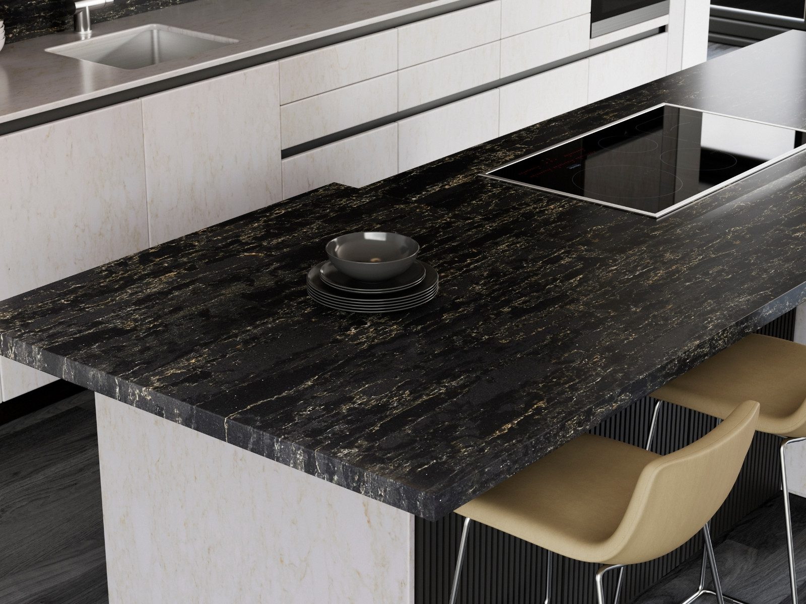 Χαλαζιακές επιφάνειες Aurum Strand και Black Nimbus σε μοντέρνα κουζίνα