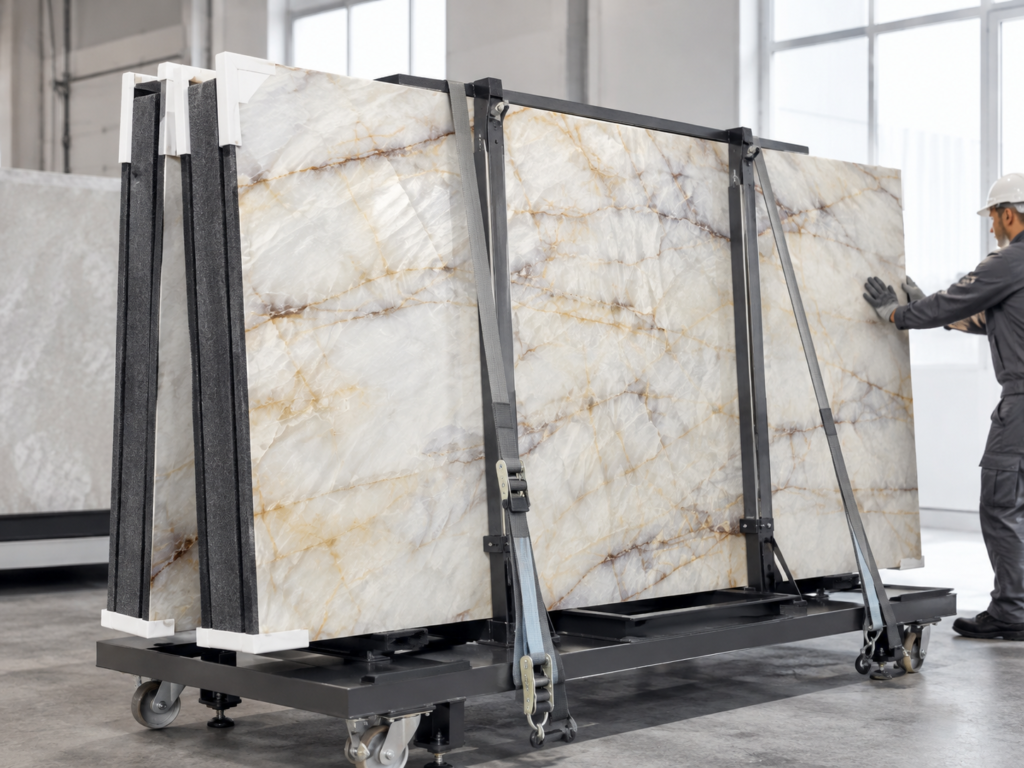 Μεταφορά μεγάλων πλακών LEVEL Crystal Ivory σε ειδικό πλαίσιο για την αποφυγή λαθών στην κατεργασία επιφανειών.